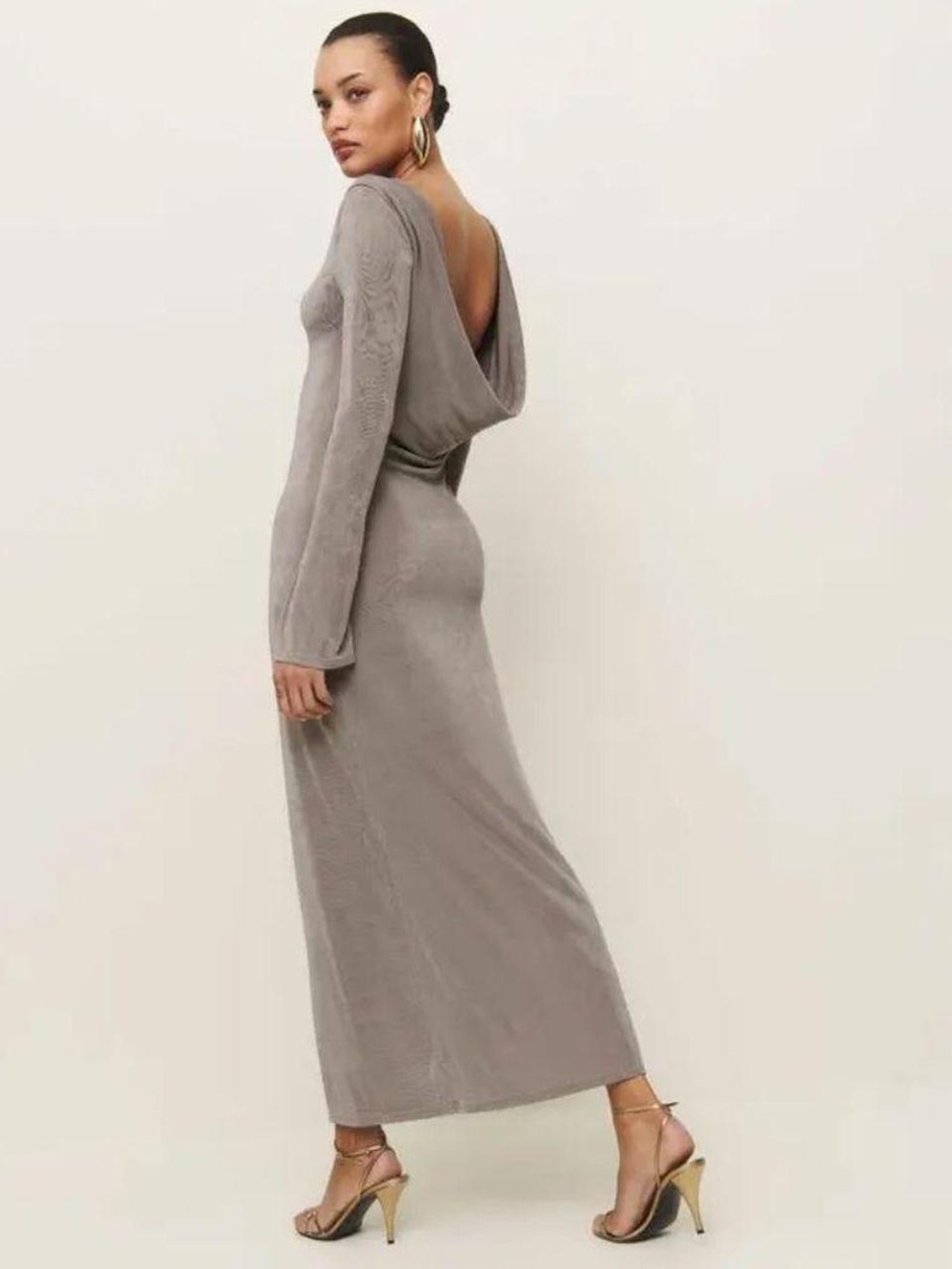 Reformation Taupe Backless Long Sleeve Maxi Dress